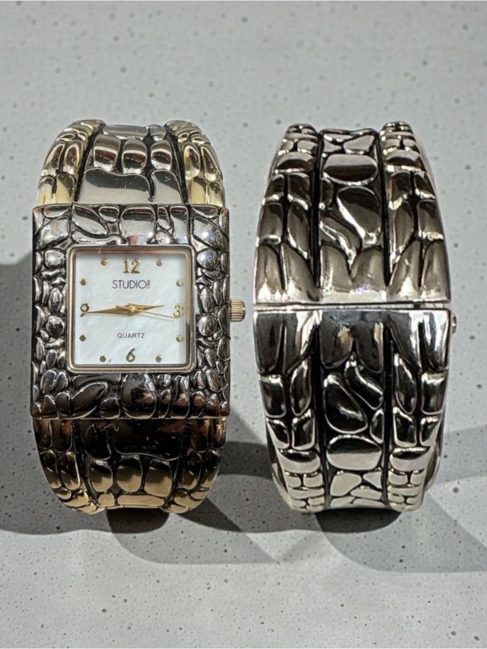 Y2K Vintage Quartz Two Tone Bezel Square Face Bangle Cuff Watch
